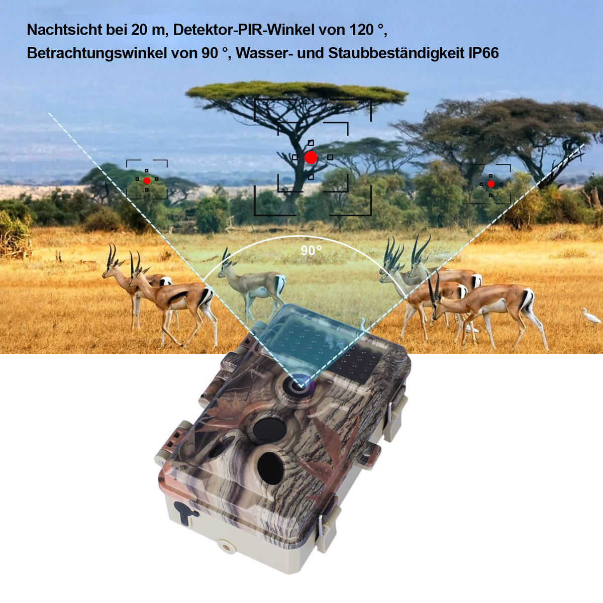 Wildkamera 24MP 2304*1296p mit Bewegungsmelder Nachtsicht Max. Entfernung bis 90 Füße, 0,1s Schnelle Trigger Geschwindigkeit，IP66 Wasserdichter| A262